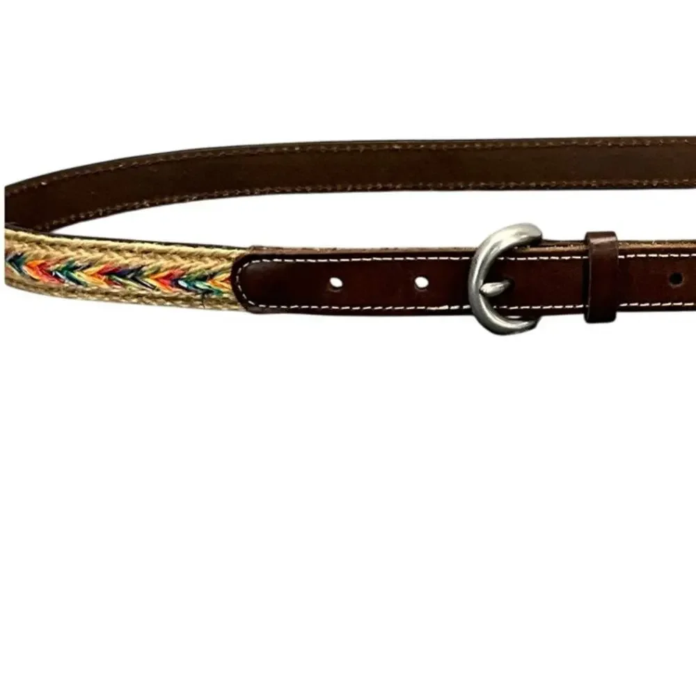 Rainbow Chevron Jute Braided Silver Buckle Brown Genuine Leather Belt 32” - 36”